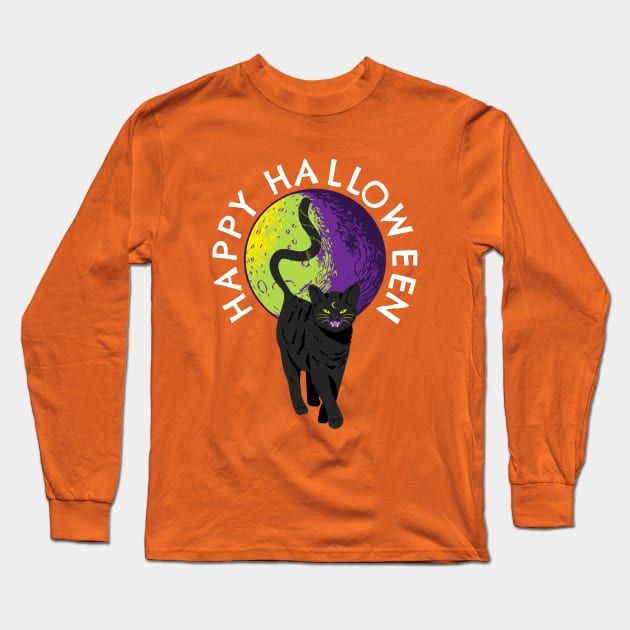 Happy Halloween Witches Black Cat Full Moon Long Sleeve T-Shirt by PowderShot